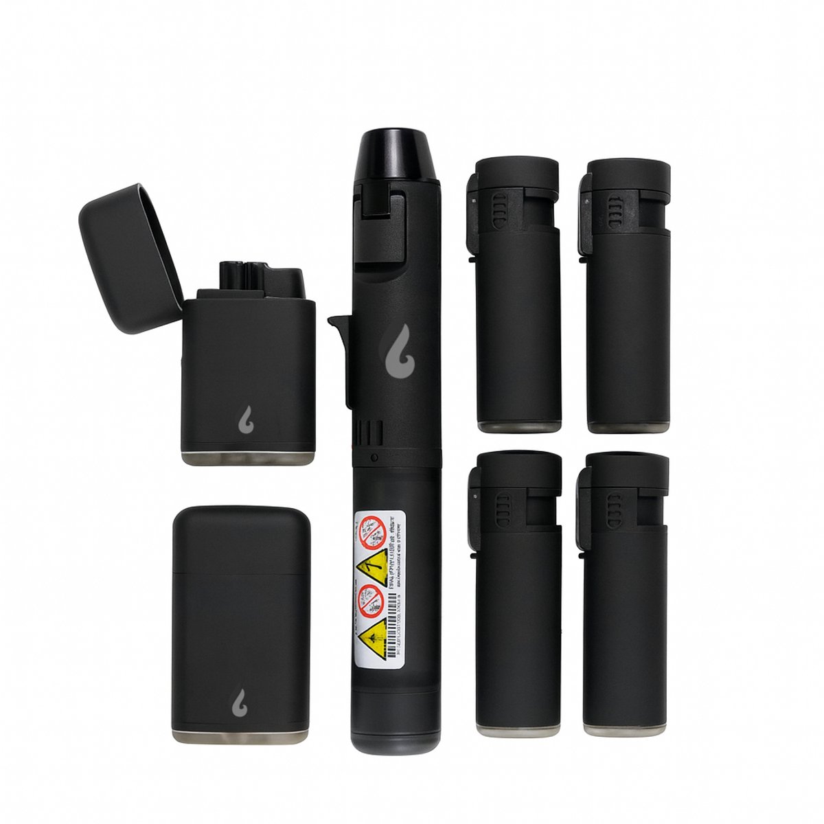 Pyroshopping BlackFire Pro Set – Turbovlam Aanstekers met Navulling – Windbestendig & Navulbaar – Mini Gasbranders voor BBQ, Haard & Vuurwerk
