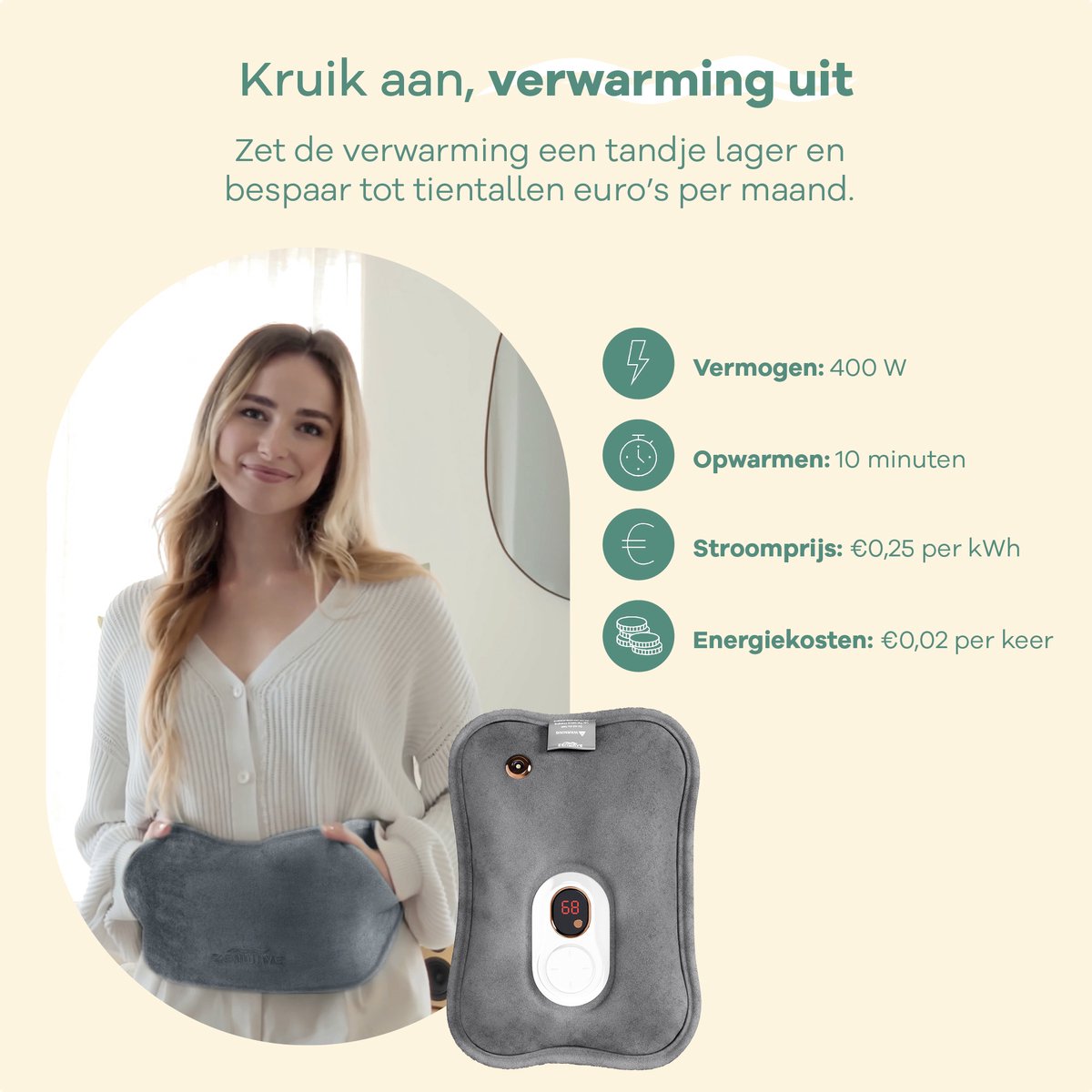 Zenwave Elektrische Kruik met Hoes - Digitaal Display - Warmtekruik & Waterkruik met Handwarmers - Oplaadbare Warmtekussen - Menstruatie Warmteband - Duurzaam & Draadloos - Kamperen & Outdoor - Warmwaterkruik Grijs – foto 4