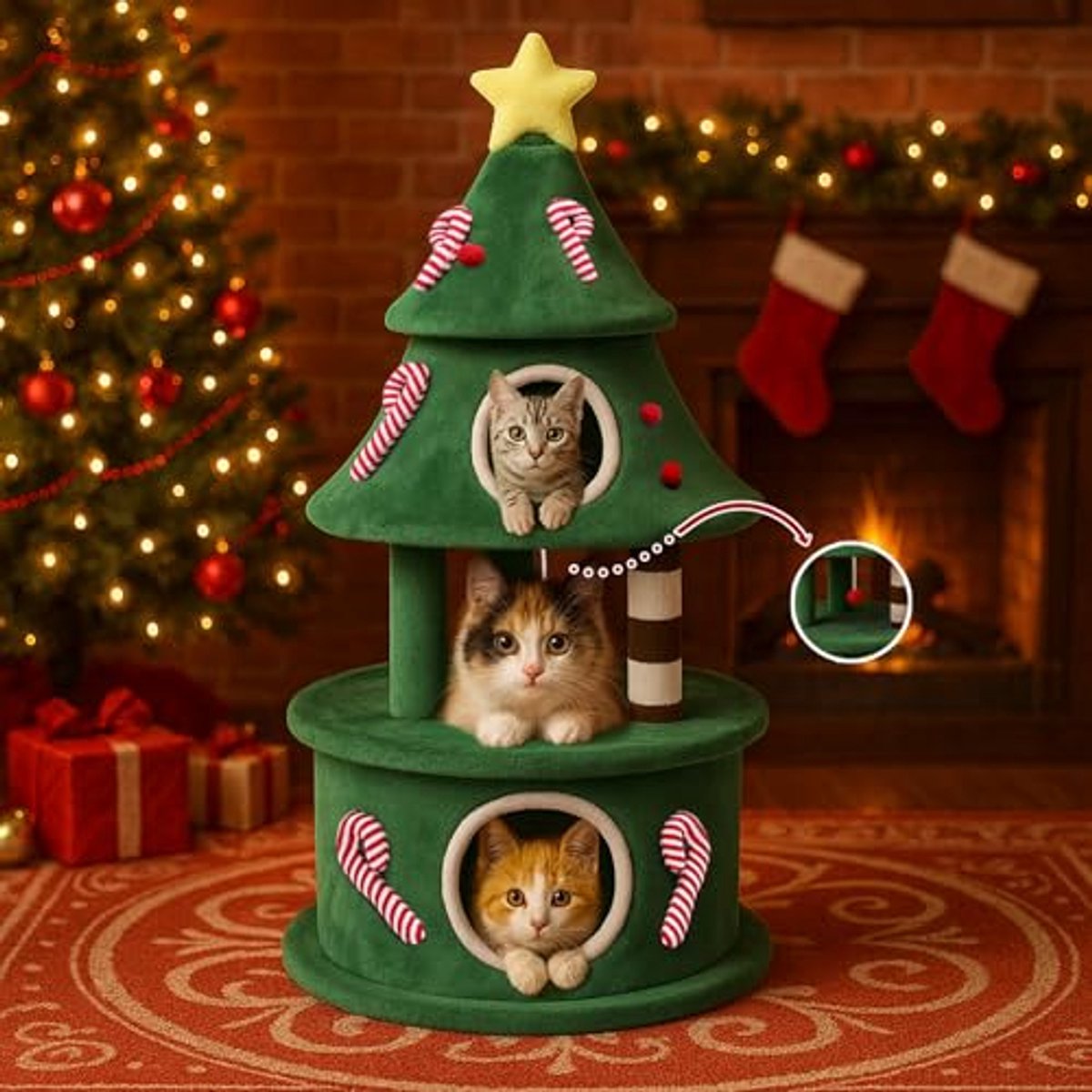 COMHOMA - Krabpaal Kerstboom 144 cm - Met Kattenhuis en Platforms - Groen