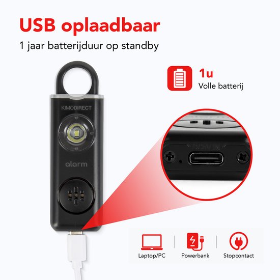 KIMO DIRECT Persoonlijk Alarm - Met Karabijnhaak - Alarm Sleutelhanger - Zelfverdediging - 130dB - Zwart