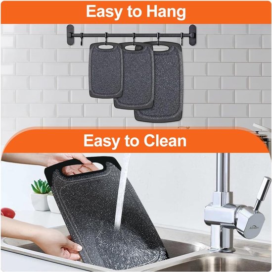 Set de Planches à découper Royalty Line ® CB3PCB - 25/31/40 cm - Antidérapantes - Poignée ergonomique - Planches de cuisine - Passe au lave-vaisselle - Plastique - Avec zone de broyage pour broyer l'ail et le gingembre - Zwart