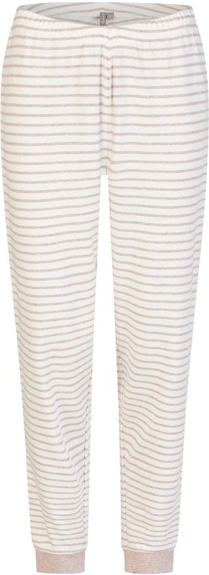 Pyjamabroek met fijne beige strepen op een witte achtergrond, met een beige boord aan de onderkant.