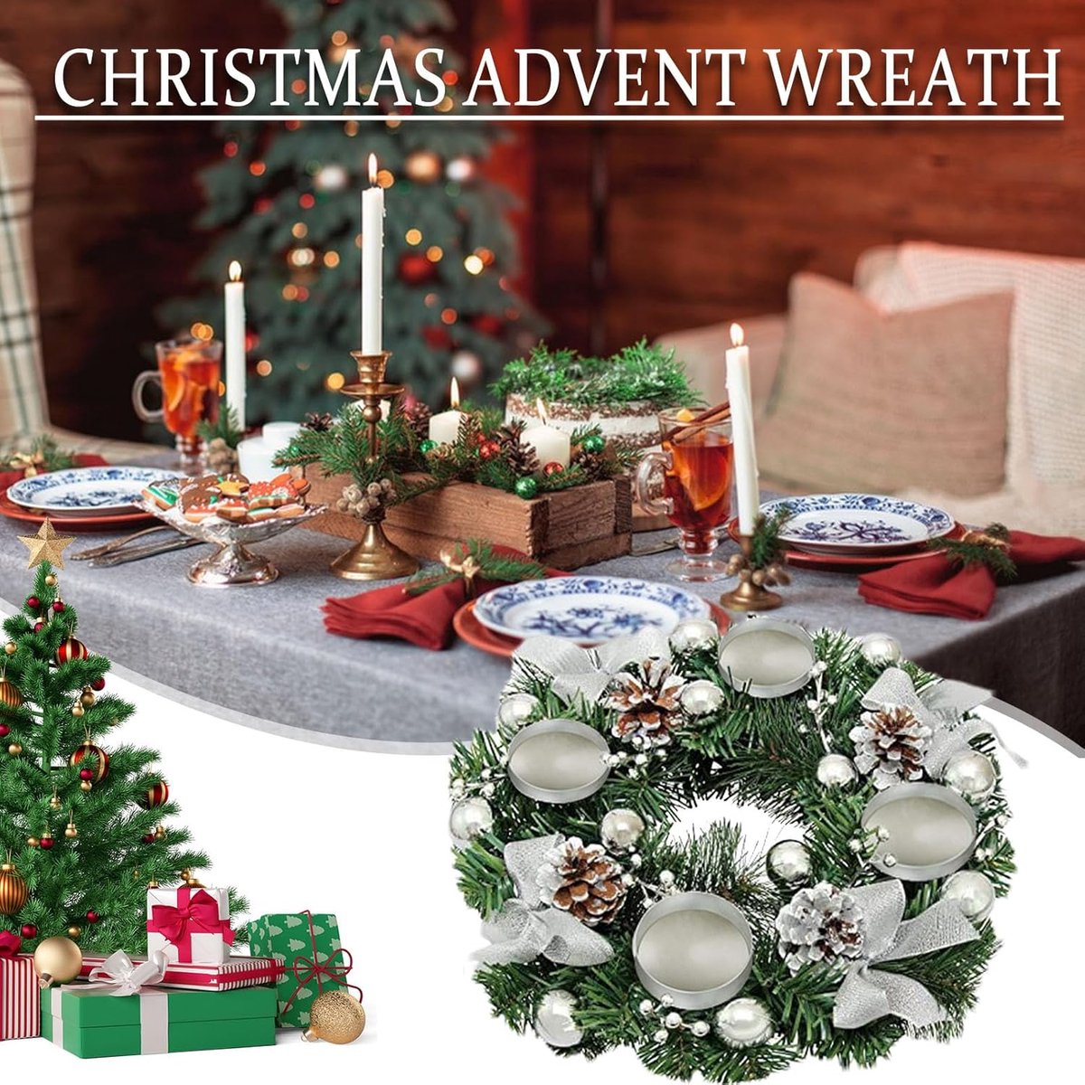 Kerstkrans - 30*30 cm - Adventkrans - Kerstlintkandelaar - Tafeldecoratie - Wordt geleverd met 4 metalen ringbekers - Versierd met dennenappels - Kerstdecoratie - Feestdecoratie - Geschikt voor tafels, feesten, kerken en Kerstmis - Zilver – foto 2