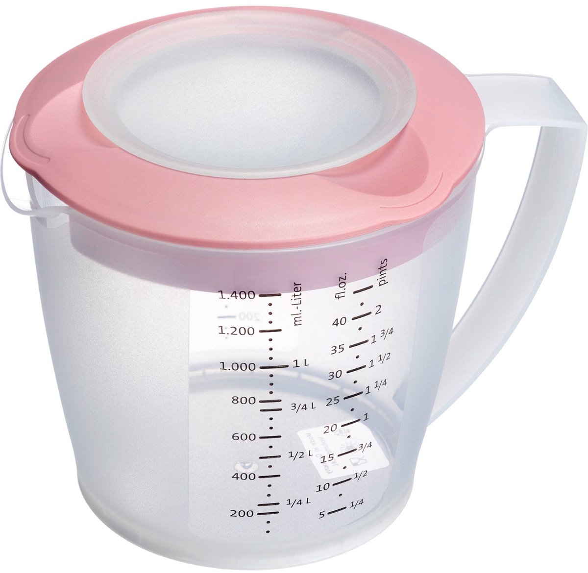 Westmark Beslagkom/maatbeker met spatbescherming, deksel en tuit, kunststof, inhoud: 1,4 l, Helena, doorzichtig/roze, 3105227P