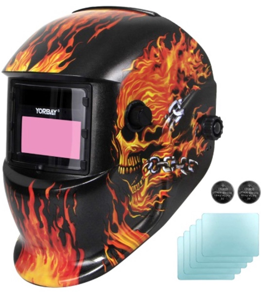 Yorbay K396D-AM Automatische Lashelm Laskap + 5 Reservelenzen Rood met Skulls