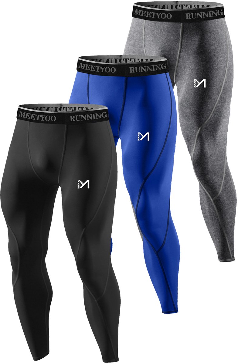 Compressiebroek - Heren - Basislaag voor Trainen - Set van 3-(Zwart+Blauw+Grijs)-L