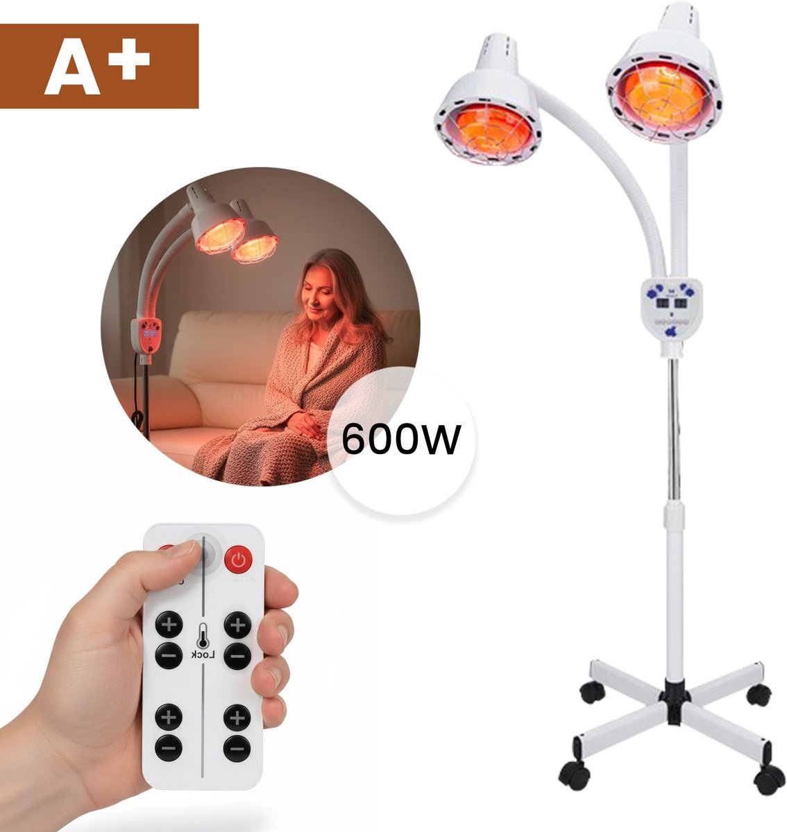 Mvolo® Dubbele Infraroodlamp - Infraroodtherapie - Red Light Therapy - Rood Licht Therapie - Lichttherapielamp - voor Spieren, Huid, Gewrichten en bij Verkoudheid - Warmtelamp met Timer - 600W