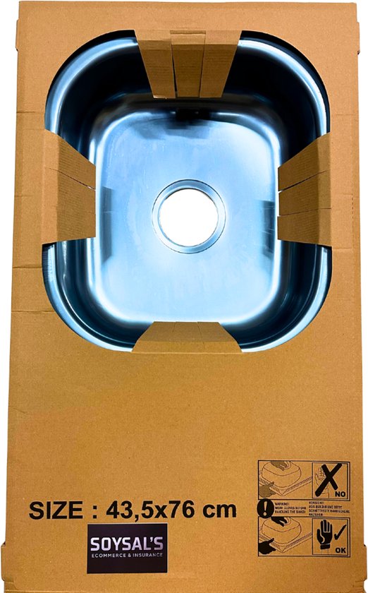 Rvs spoelbak van 43,5x76 cm, verpakt in karton.