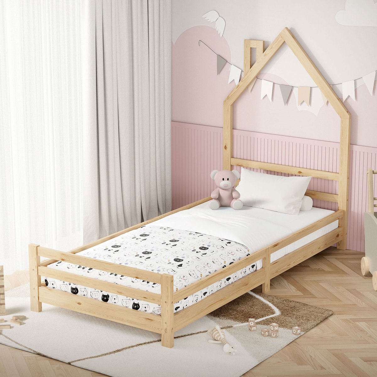 Kinderbed huis 90x200 cm natuurlijk huis bed voor kinderen houten bed met lattenbodem scho