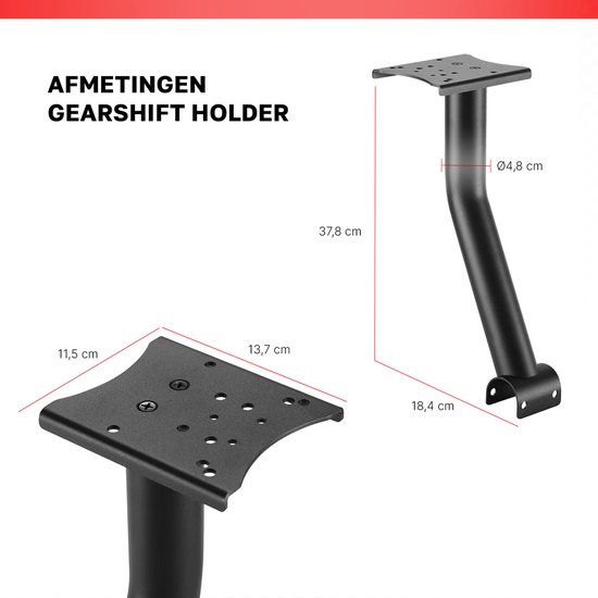 Afmetingen van de zwarte versnellingspookhouder voor racesimulator: 37,8 cm hoog, 13,7 cm breed.