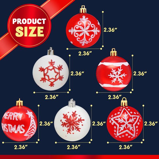Kerstbal Ornamenten 36 stks Onbreekbaar Plastic Kerstboom Decoraties Ornamenten Kerstballen Set 6 Stijlen Kerst Opknoping Bal Ornamenten voor Kerstboom Bruiloft Verjaardagsfeest Vakantie (Rood