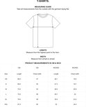 Maattabel voor t-shirts met instructies voor lengte- en breedtemetingen in cm en inch.