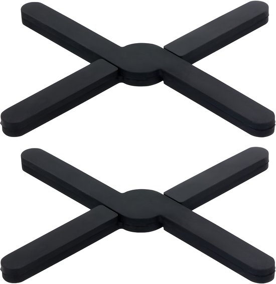Twee zwarte, X-vormige siliconen onderzetters, geïsoleerd op witte achtergrond.