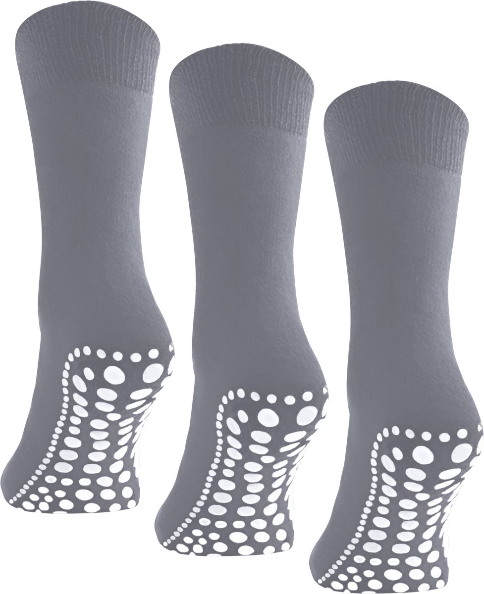 Budino® Huissokken Anti Slip Set - 3 paar - Dikke Antislip Sokken - Gripsokken - Dikke Yoga Pilates Sokken - maat 43-46 - Grijs