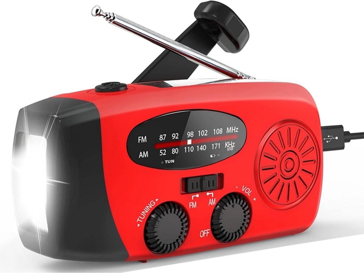 Noodradio opgeladen met een slinger, zonnepaneel of USB - noodpakket