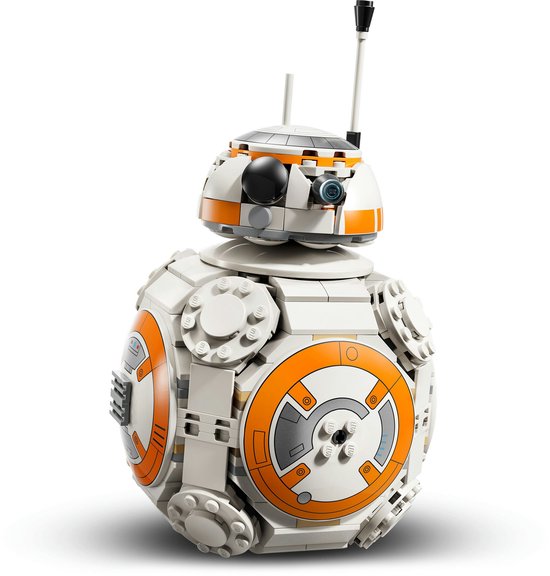 Grand BB-8 LEGO avec des détails blancs et orange, sur fond blanc.