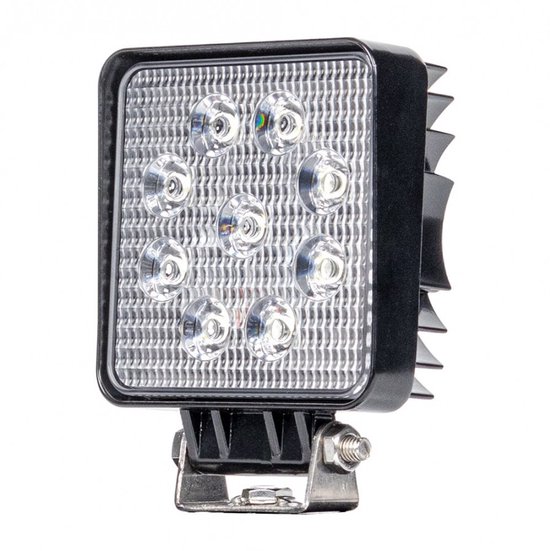 Zijaanzicht van een vierkante LED werklamp met 9 lampjes, zwarte behuizing en koelribben.