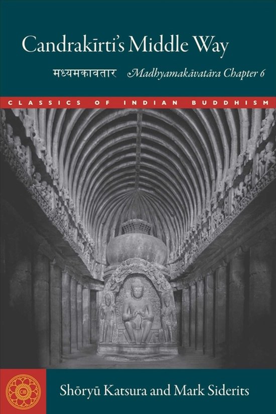 Boekomslag van "Candrakirti's Middle Way" met de tekst "Classics of Indian Buddhism" en een afbeelding van een boeddhistisch monument.