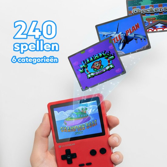 Silvergear Retro Game Console met 240 Arcade Games - Geen Internet Nodig - Gaming Spelcomputer voor Kinderen - Reisspelletjes Auto Vliegtuig - Handheld - Vakantie Speelgoed - Cadeau voor Jongens en Meisjes - 6, 7, 8, 9, 10, 11, 12, 13+ Jaar - Rood