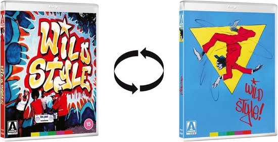 Blu-ray hoes met aan de voorkant een groep jongeren voor een muurschildering, en op de achterkant een geel vlak met rode figuur en tekst.