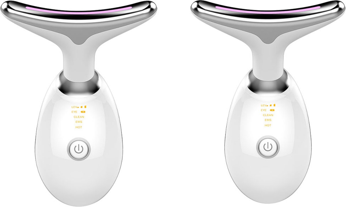 Nekmassage Apparaat - Huidverjongingsapparaat 3 LED Licht - Vibratie Gezichtsreiniger - Anti-Aging - Draadloos Oplaadbaar - Cadeau - Parelwit - 2 Stucks
