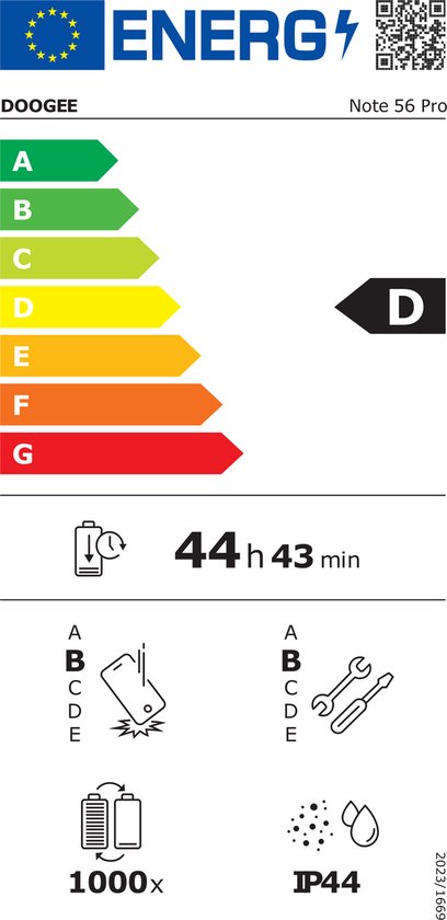 Energielabel D, 44u 43min batterijduur. Iconen voor valbescherming, IP44 waterdichtheid, en 1000 laadcycli.