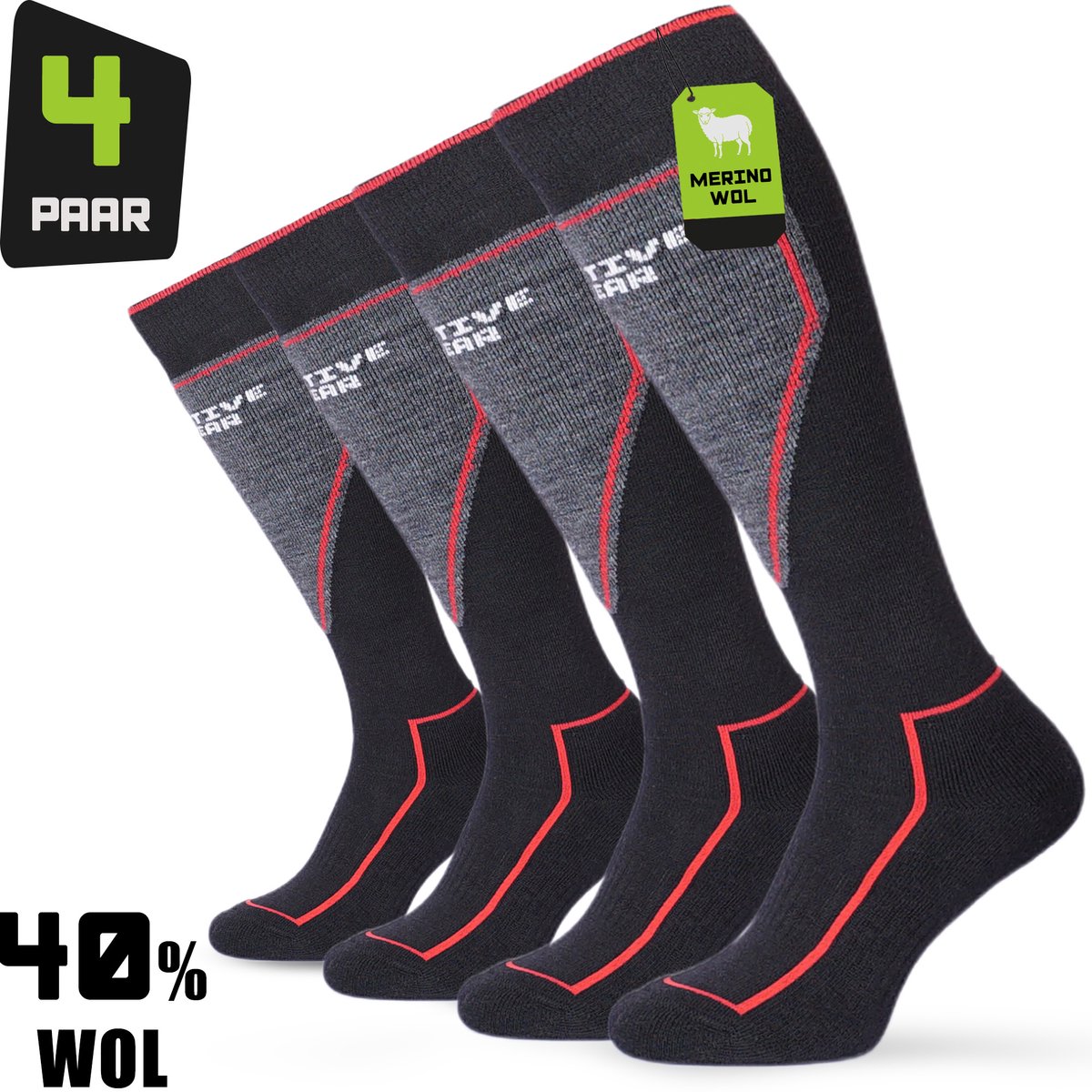 Premium Skisokken Dames & Heren Merino Wol 4-paar Thermo Skisokken Wintersportsokken – 94Activewear Zwart