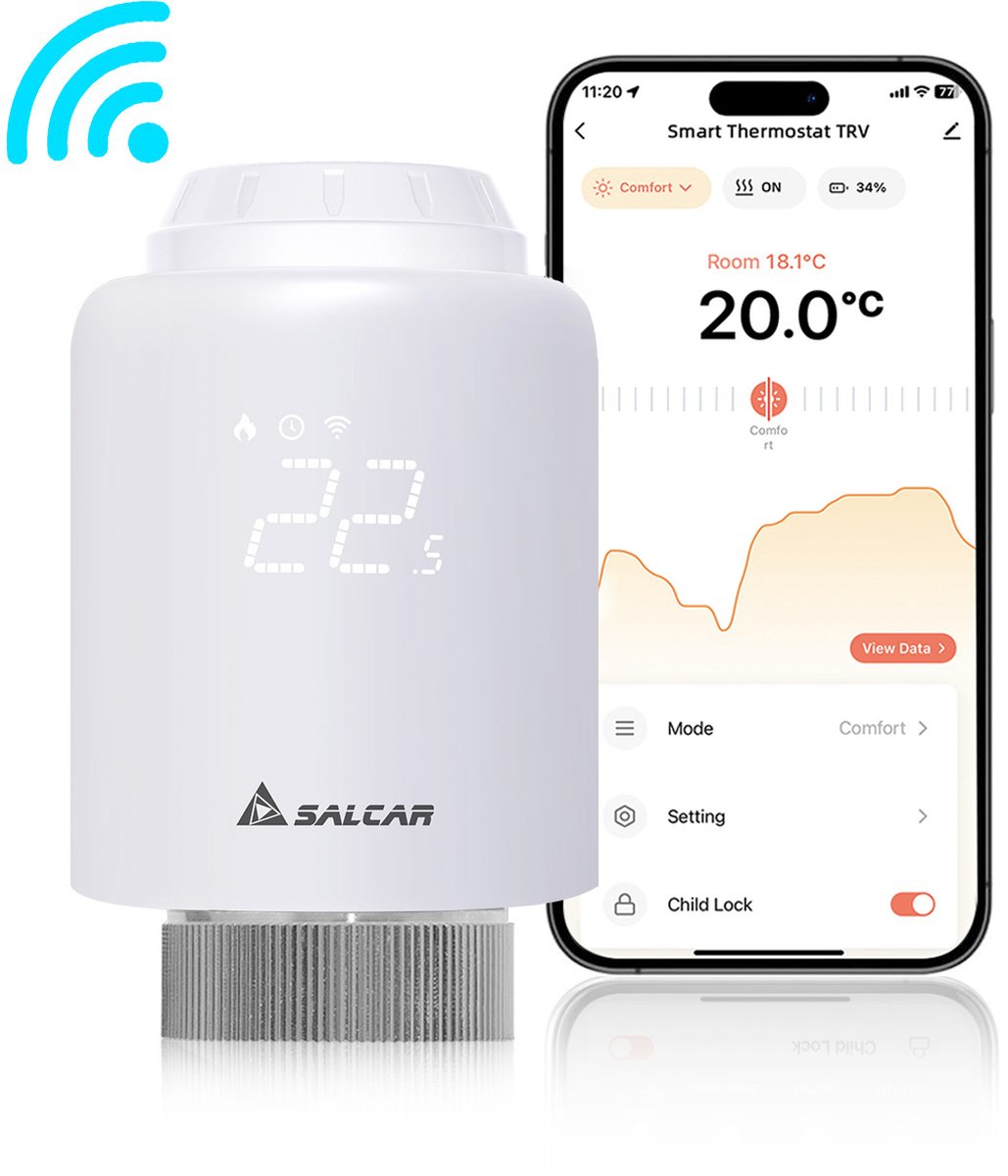 SALCAR Slim WiFi Radiatorthermostaat - Compatibel met Amazon Alexa & Google Assistant - Programmeerbaar - Geen Gateway Nodig - Slimme Verwarmingsthermostaat via Tuya Smart