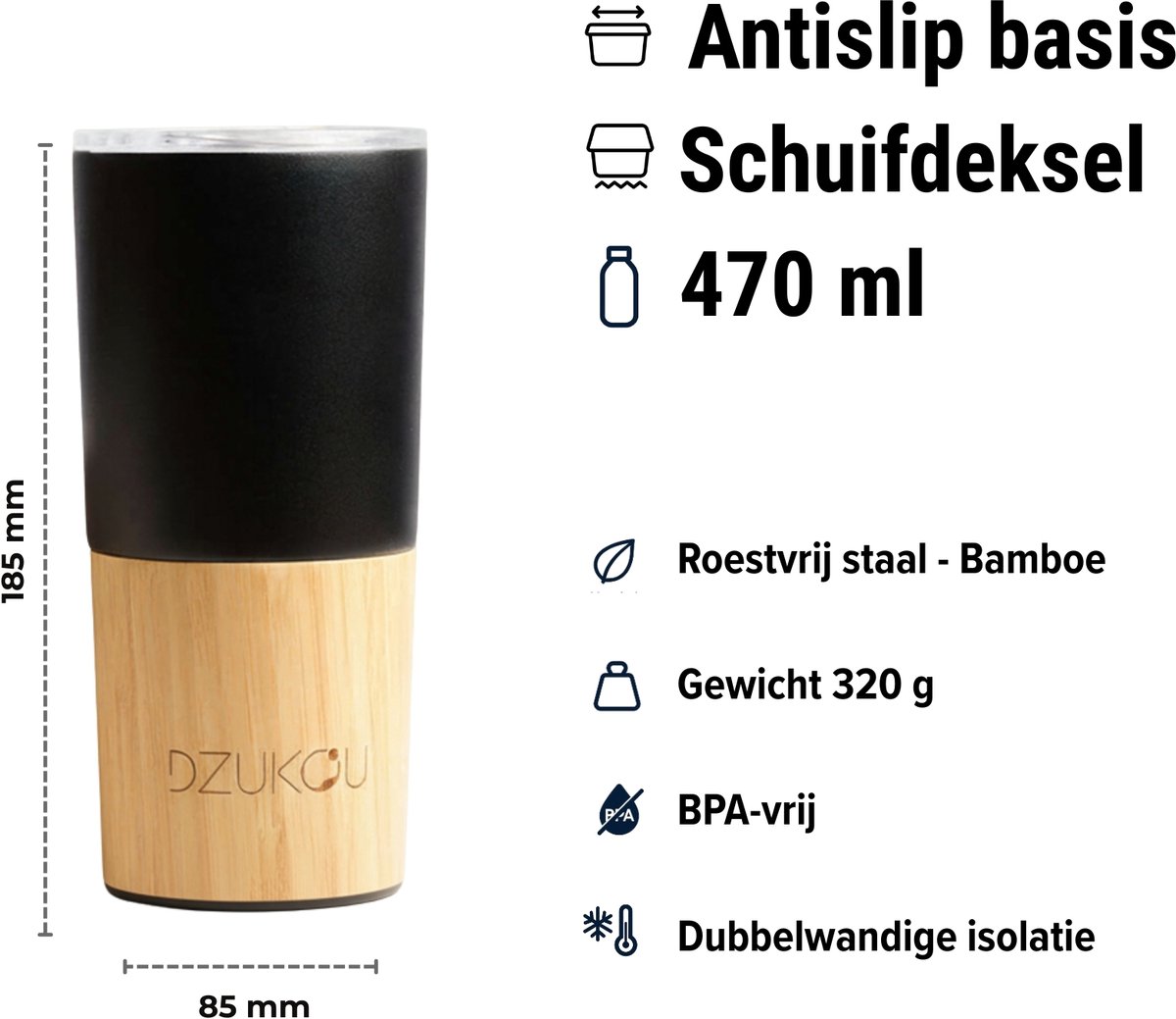 Dzukou Koffiebeker to go 470 ml RVS Bamboe – Herbruikbaar & lekvrij design — cadeau in Koken & Dineren - foto 5