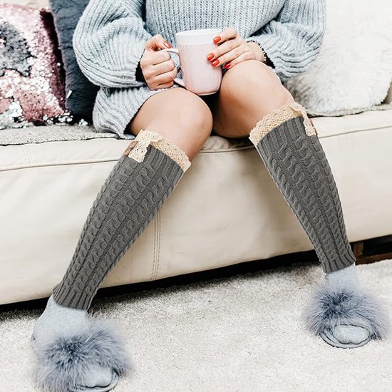 Abeillo 2 paar dameswarmers gebreide winterwarmers zachte lange manchetten mode beenwarmers voor de winter, grijs en wit., knee length
