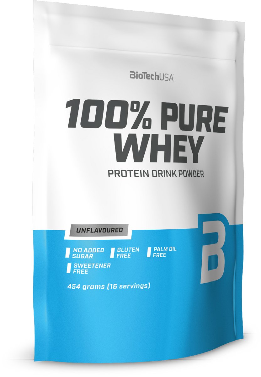 BioTechUSA 100% Pure Whey | Eiwitpoeder met BCAA en Glutamine | Glutenvrij, Palmolievrij | 21g Eiwit per portie, 454 g, Niet-gearomatiseerd