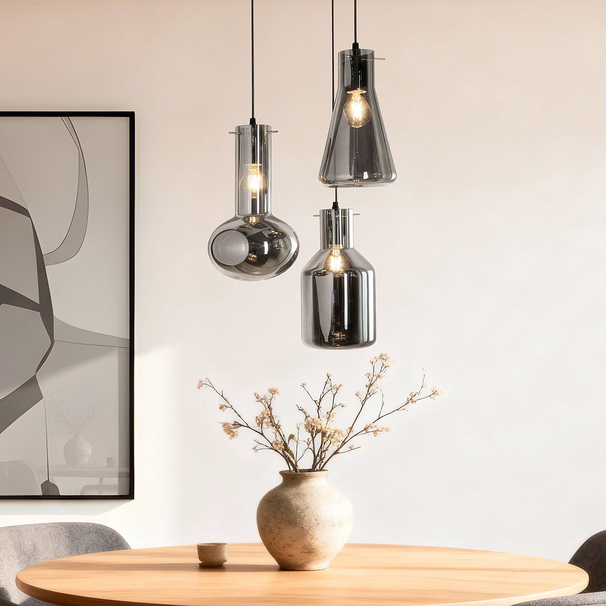 Industriële 3-lichts hanglamp met smoke glas - Deidre