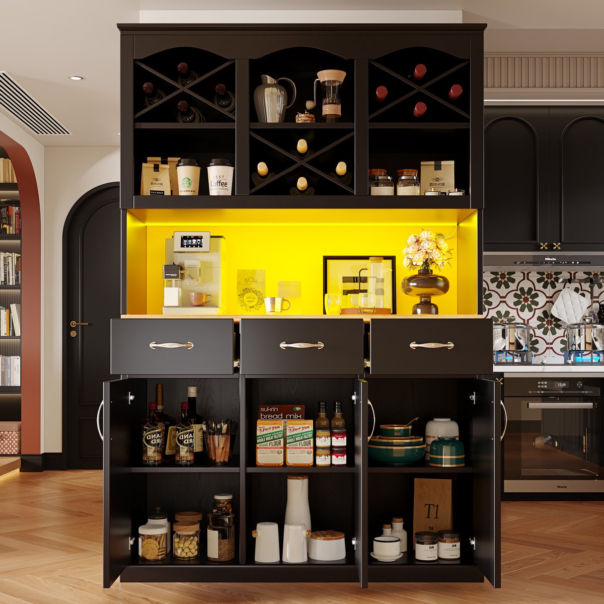 Keukenkast (120 × 40 × 180 cm), hoge keukenbuffet, multifunctioneel buffet, snackkast, opbergmeubel met drie deuren, drie lades en LED-verlichting, zwart — cadeau in Cadeau-ideeën - foto 7