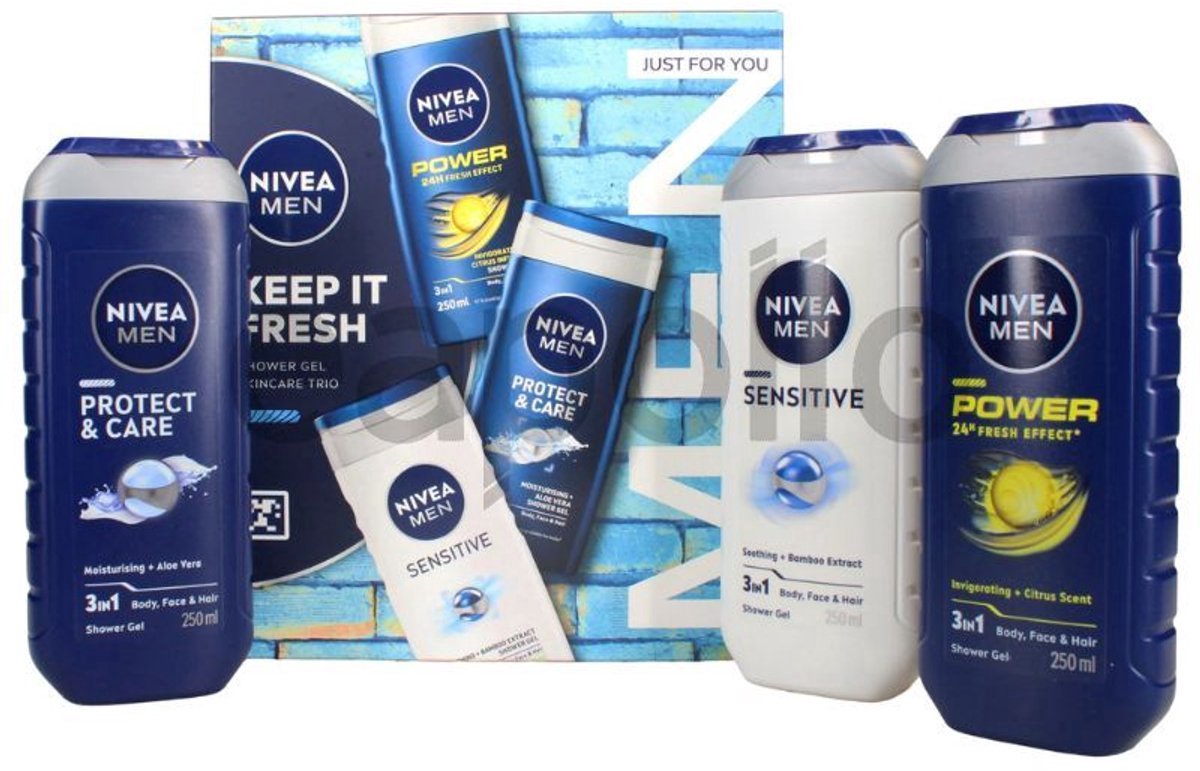 NIVEA MEN Keep It Fresh Geschenkset – 3× Douchegel 250 ml – Power • Sensitive • Protect & Care – Cadeauset voor Mannen