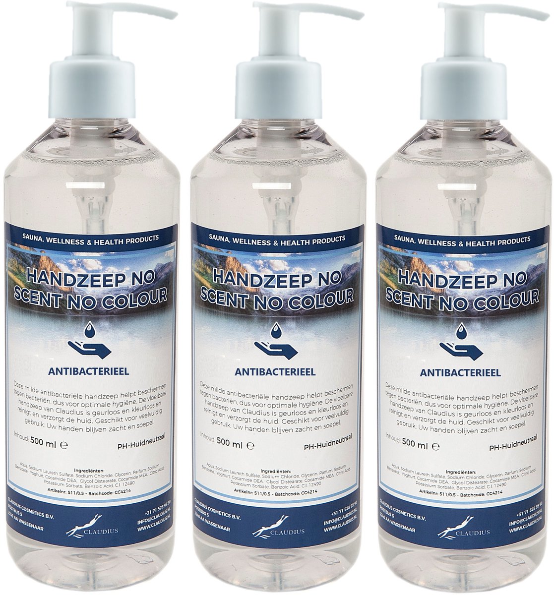 Handzeep No Scent No Colour 500 ml - set van 3 stuks - met gratis pomp - Voordeelverpakking