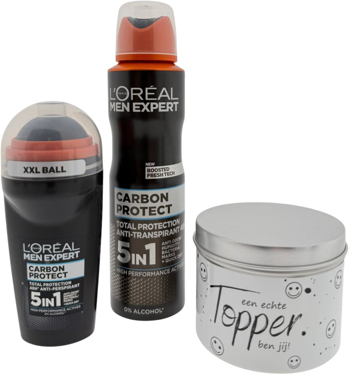 L’Oréal Men Expert Carbon Heren Cadeauset – Deo Spray & Deo Roller + Snoepblikje “Echte Topper” – Cadeau voor Mannen