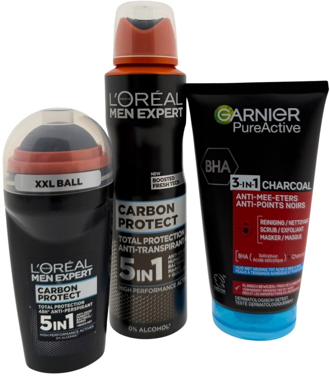 L’Oréal Men Expert Carbon & Garnier Heren Cadeauset – Deo Spray, Deo Roller & Reinigingsgel 3-in-1 – Verzorgingsset voor Mannen