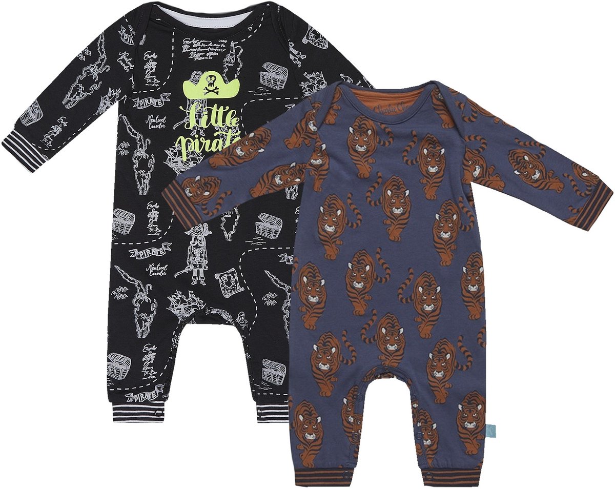 Charlie Choe - 2pack - Navy - Zwart Boxpak - Salopette - Kruippakje - Babypakje - Jumpsuit - Geboortepakje - Romper - Piraten - Tijgers - Maat 62