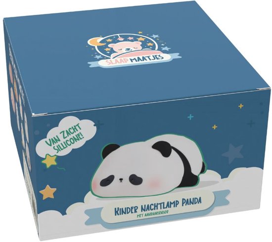 Verpakking met een zachte siliconen panda nachtlamp met aanraaksensor. 'VAN ZACHT SILICONE!'