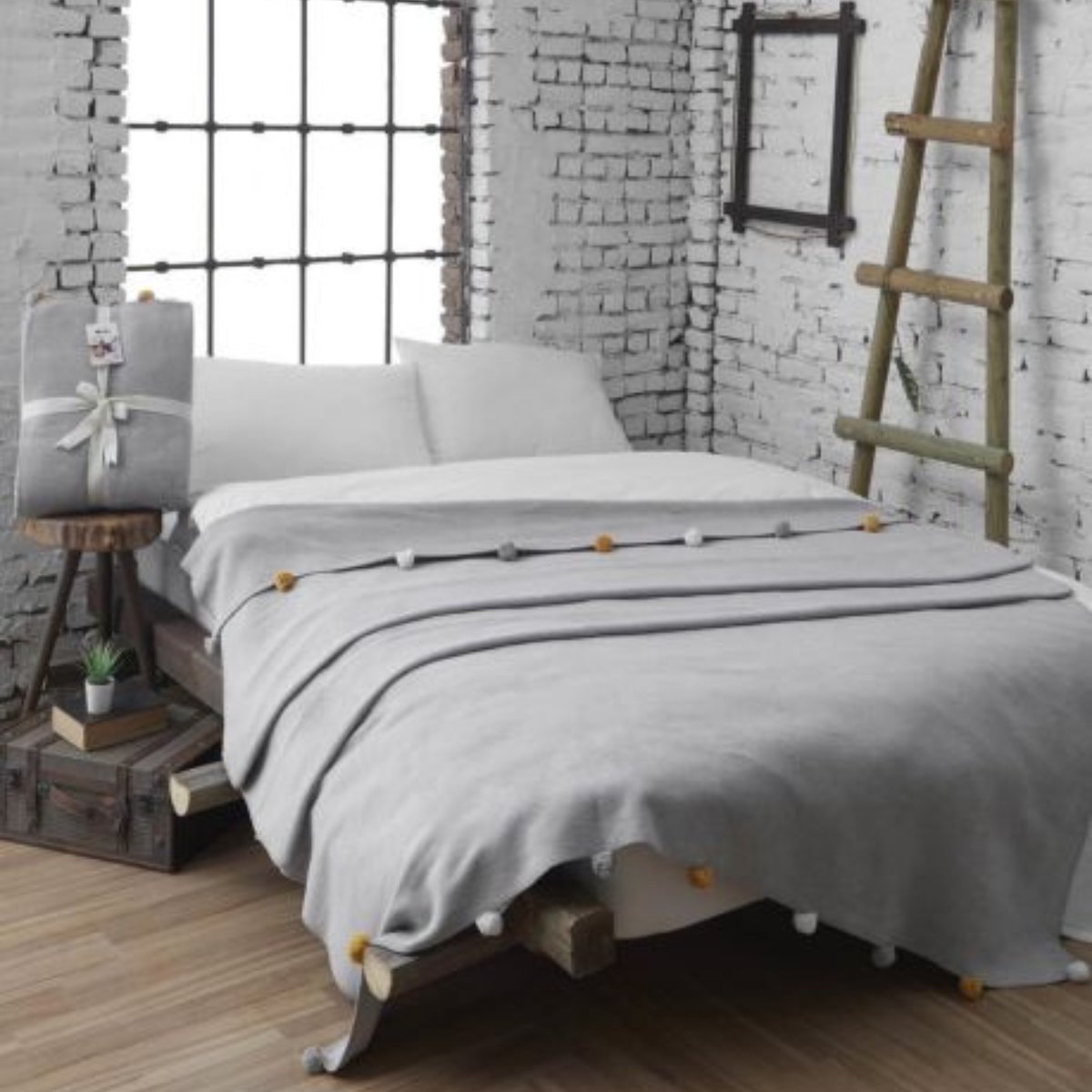 Trimita - Pompom Deken - 200x220 cm - Grijs - Warm Dekentje voor Bank of Bed