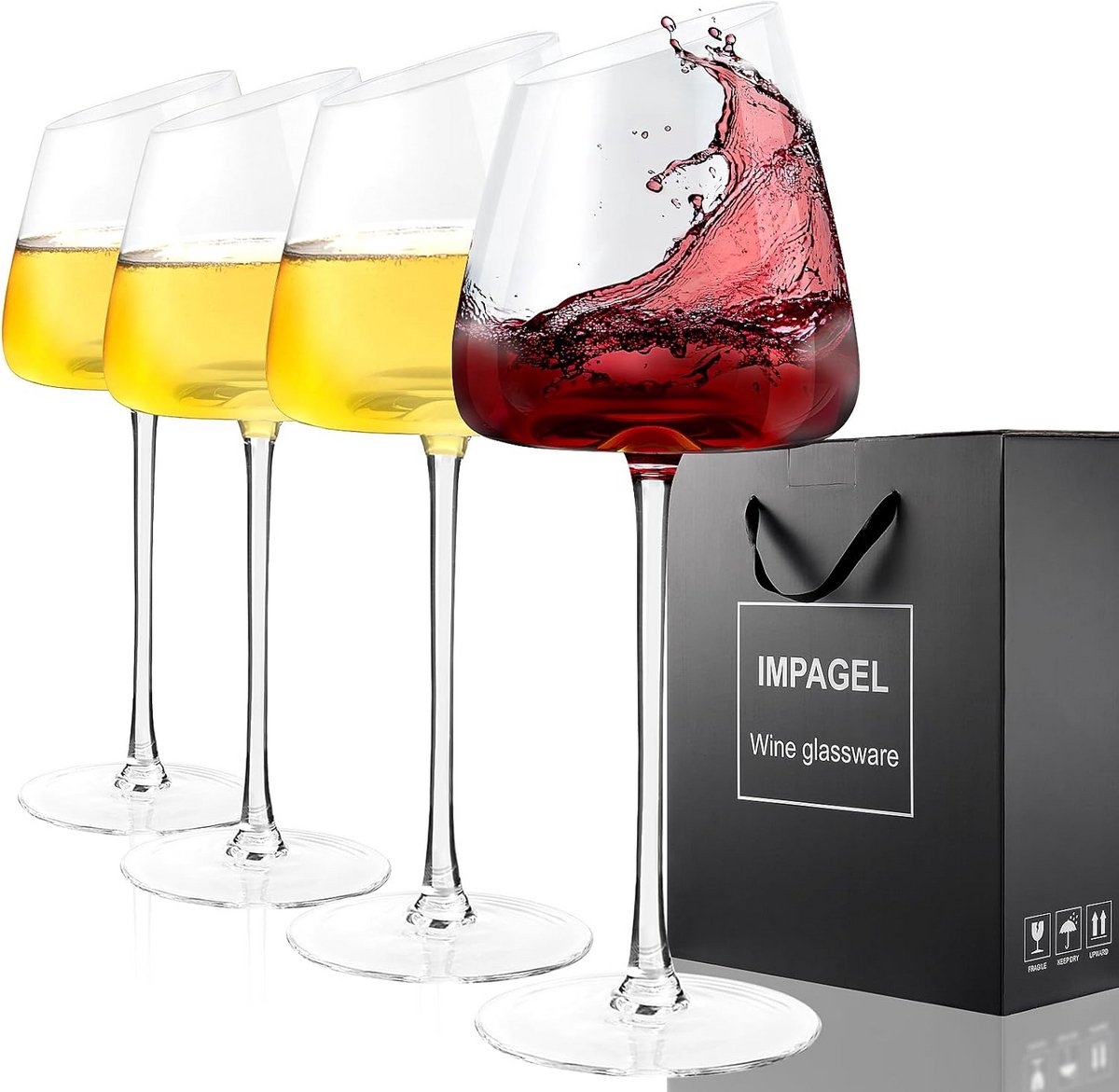 Set van 4 Elegante Handgeblazen Wijnglazen met Rode Wijn Kleur, Set van 4