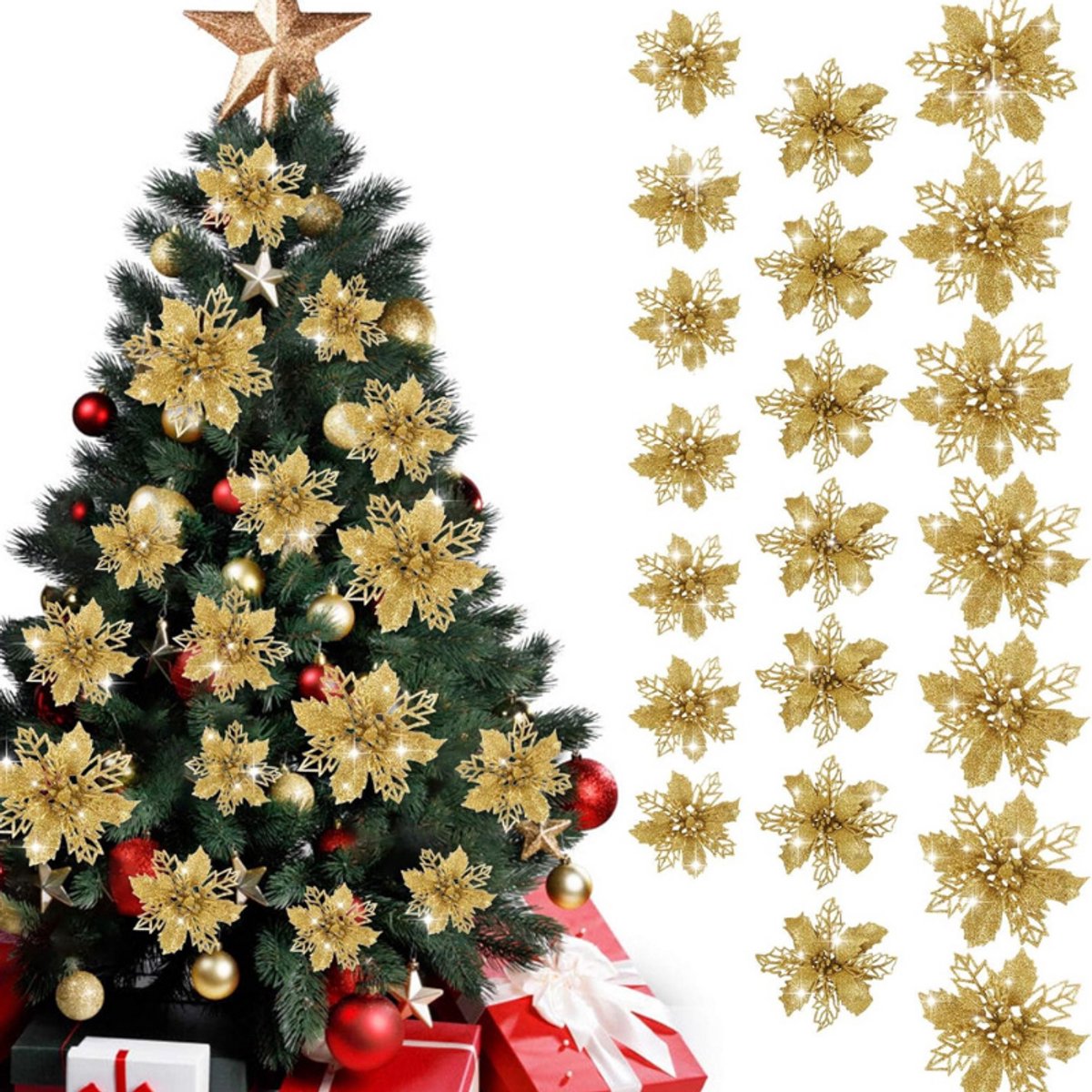 21 Stuks Kerstbloemen Kerstboomdecoraties Bloem Kunstbloem Glitter Kerstboomdecoraties Goud Kerst