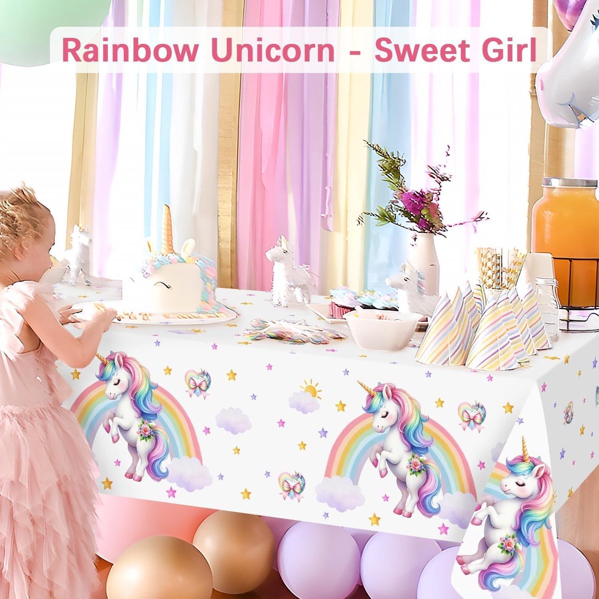 Eenhoorn feesttafelkleed 137x274 cm - Set van 2 - Grote rechthoekige tafelkleed voor eenhoorn verjaardagsfeestje - Regenboog design - Meisjes verjaardag decoraties