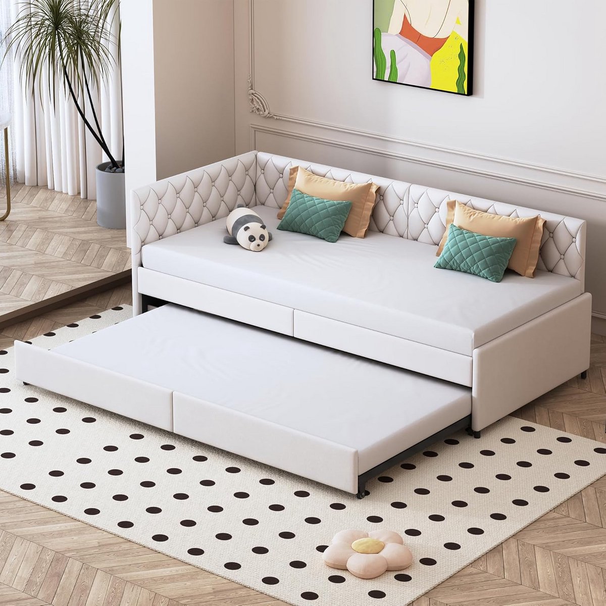 Slaapbank 90x200 cm Beige Fluweel - Uitschuifbaar Logeerbed met Lattenbodem