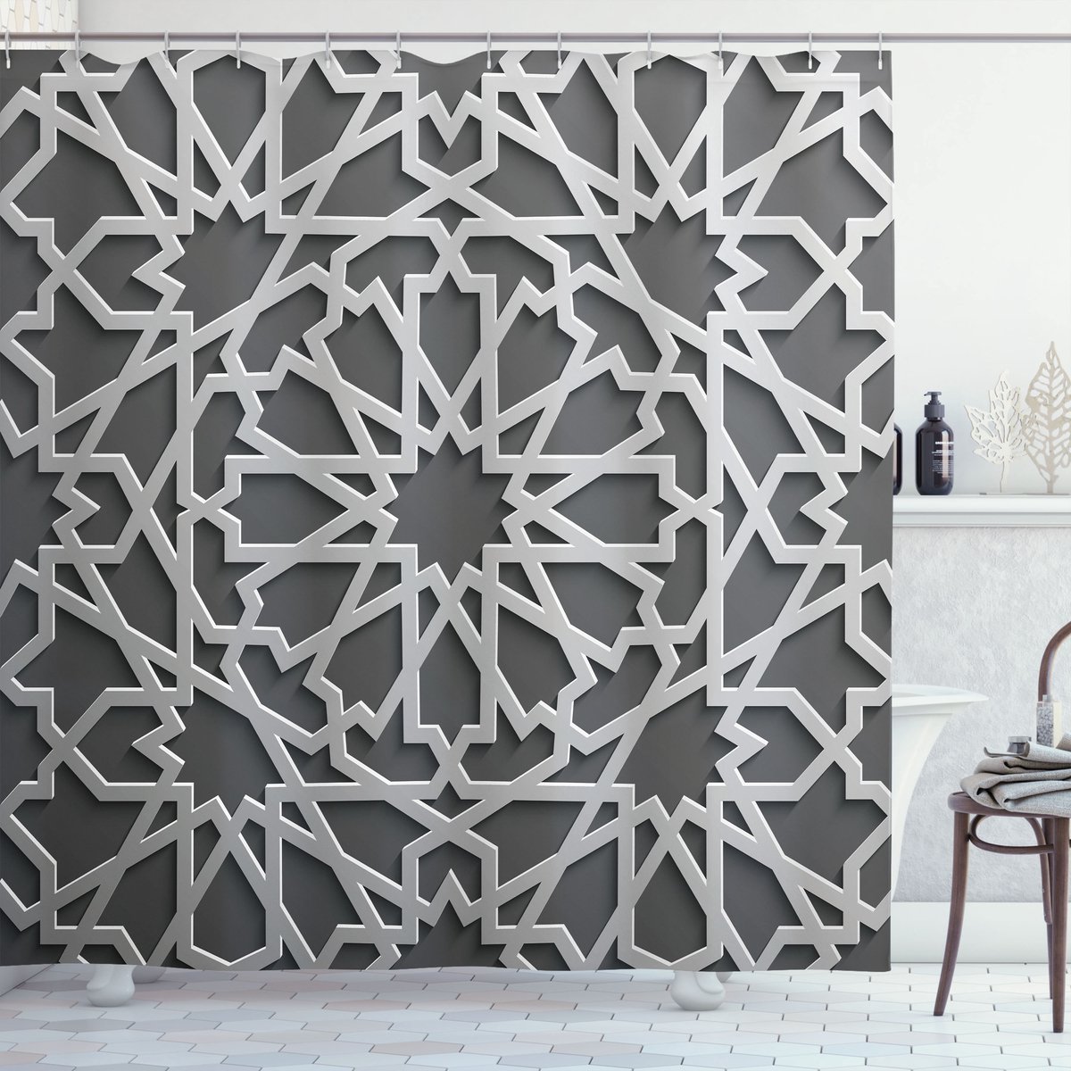 ABAKUHAUS Douchegordijn – Abstracte kunst – Marokkaanse sterrenbloemen – 175x200 cm – Grijs