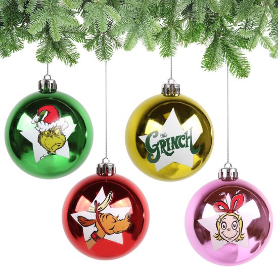 The Grinch Set kerstballen, kunststof, kerstversiering voor de kerstboom 8 cm, SET van 4 stuks