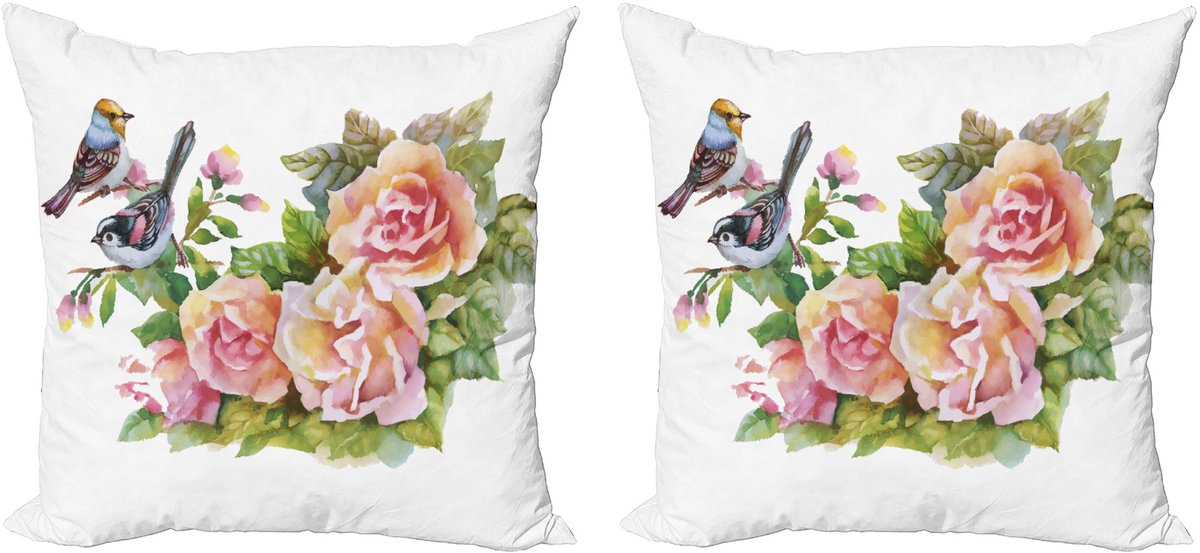 ABAKUHAUS Kussenhoes – Lente 2x40x40 cm – Dubbelzijdig digitaal bedrukt, Wilde Vogels Wit
