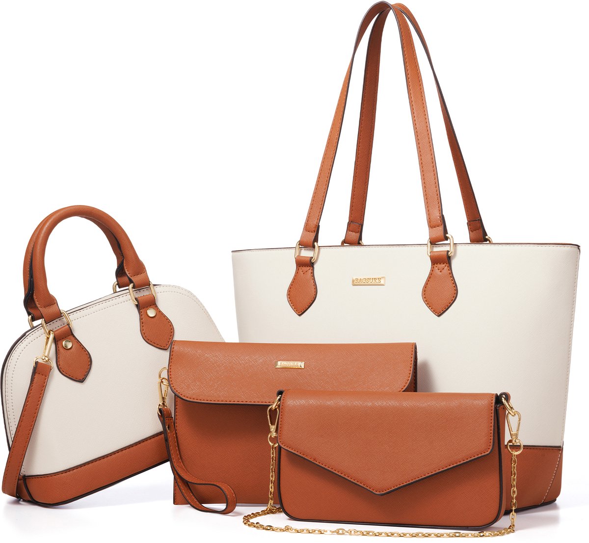 OKWISH Handtassen - Modieuze Damestas, Handtassen Set Met Reißverschlüsse Voor Werk En Dagelijks Gebruik, PU, Bruin + Wit, 33 x 26,5 cm