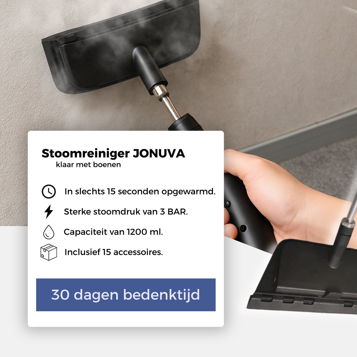 JONUVA krachtige Stoomreiniger tegen vet en bacteriën. Voor keuken, badkamer, vloeren, meubels & auto – vlekkenreiniger - kledingstomer - kleine handstoomreiniger - milieuvriendelijk stomen - stoomreiniger bank en kleding thumbnail 6