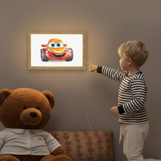Nachtlampje 30x20 cm - Kinder lamp - Raceauto - Oranje - Jongens - Kinderen - Auto - Tafellamp kinderkamer - Slaapkamer lamp - Bedlamp kinderen - Kinderlampje stopcontact - Wandlamp babykamer - Nachtlampjes van Merkloos — afbeelding 5